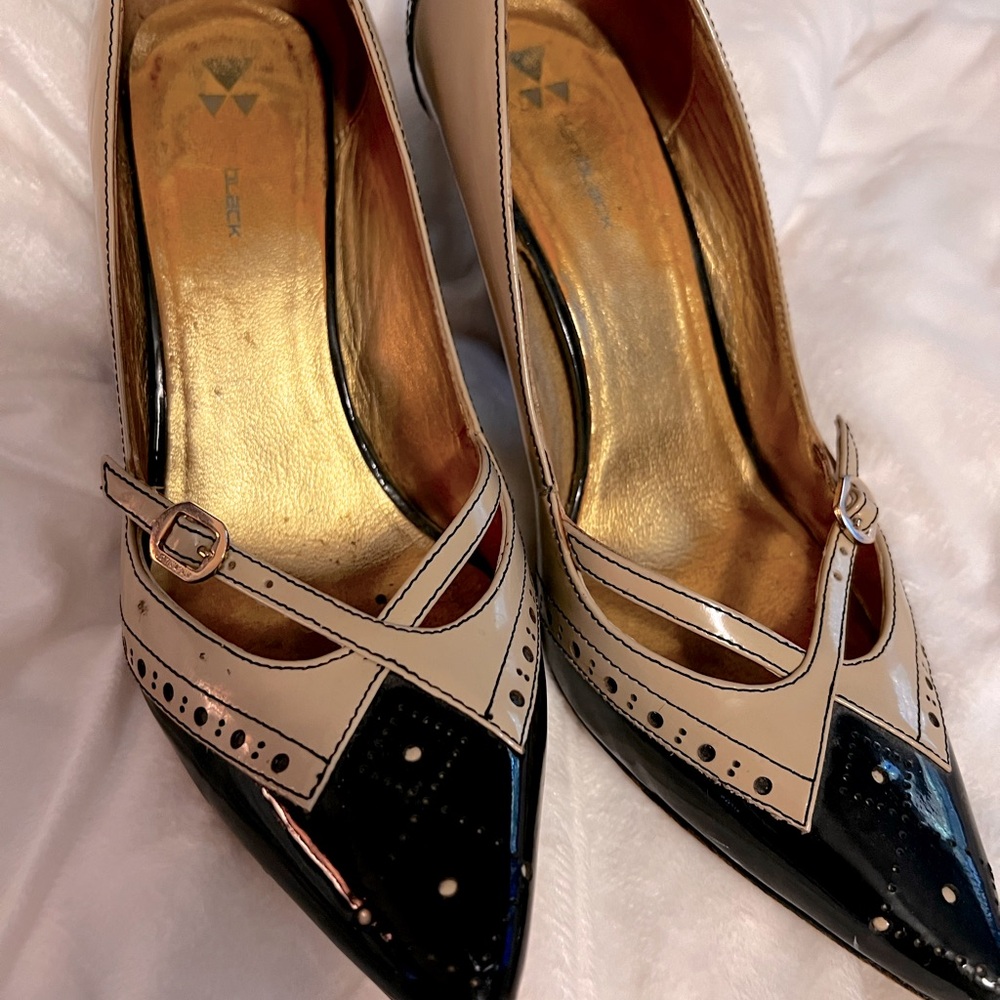 Spectator heels in taupe and black patent. Size 8.